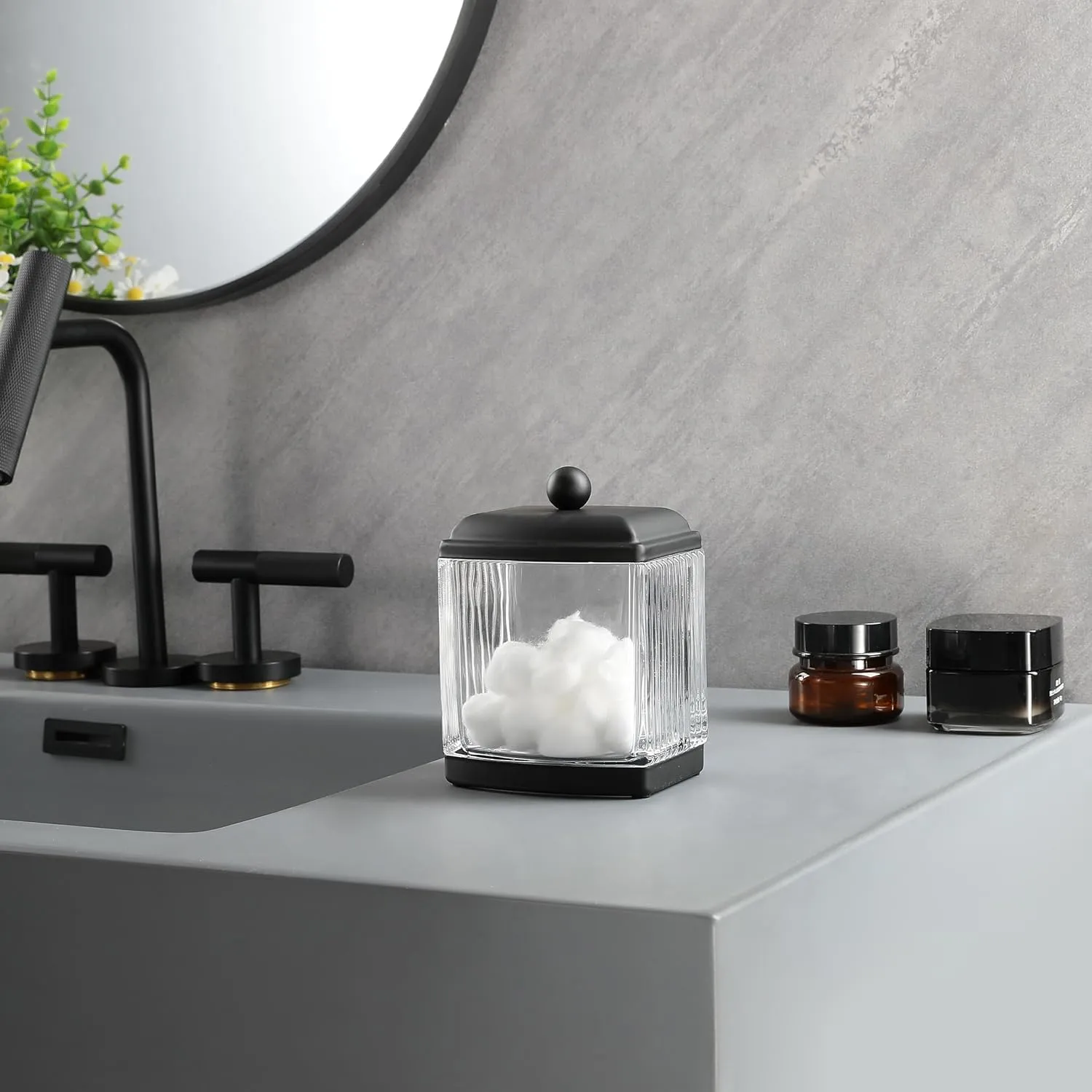 HALSTON H Glass Apothecary Cotton Jar – Elegant Bathroom Vanity Storage Container for Cotton Balls, Swabs & Beauty Essentials – Modern Clear Glass Organizer for Countertops