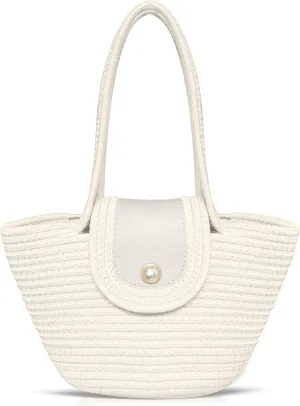 Hand-woven Tote Bag, Beach Bag for Women, Knitted Cotton Thread Handbags, Rattan Bag for Beach Vacation(White)