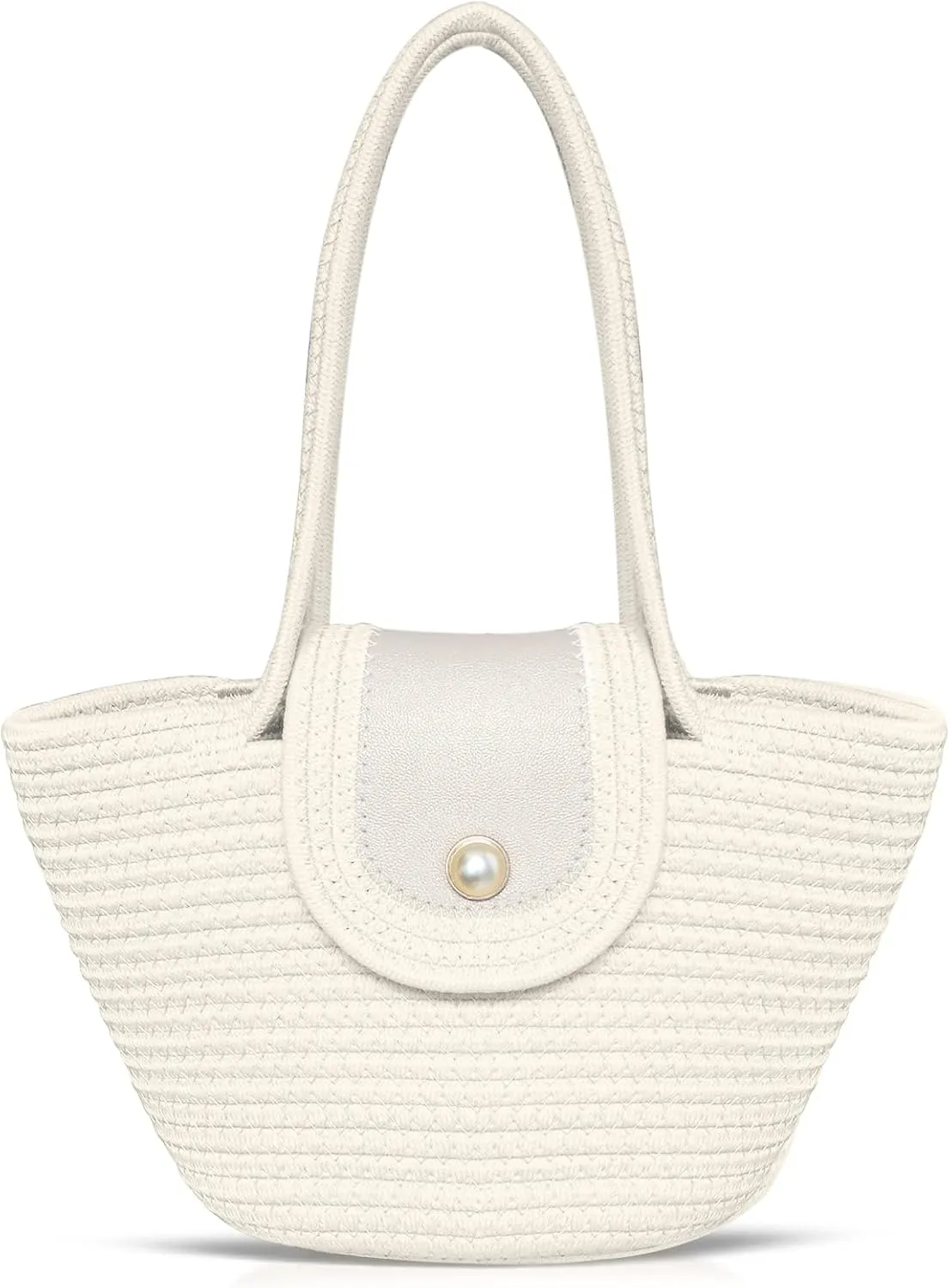 Hand-woven Tote Bag, Beach Bag for Women, Knitted Cotton Thread Handbags, Rattan Bag for Beach Vacation(White)