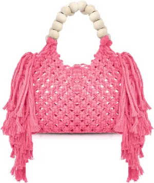Handbags for Women, Hand-woven Knitted Cotton Handbags, Tassel Woven Bag, Wooden Bead Handle, Shoulder Bag for Beach Vacation(Pink)