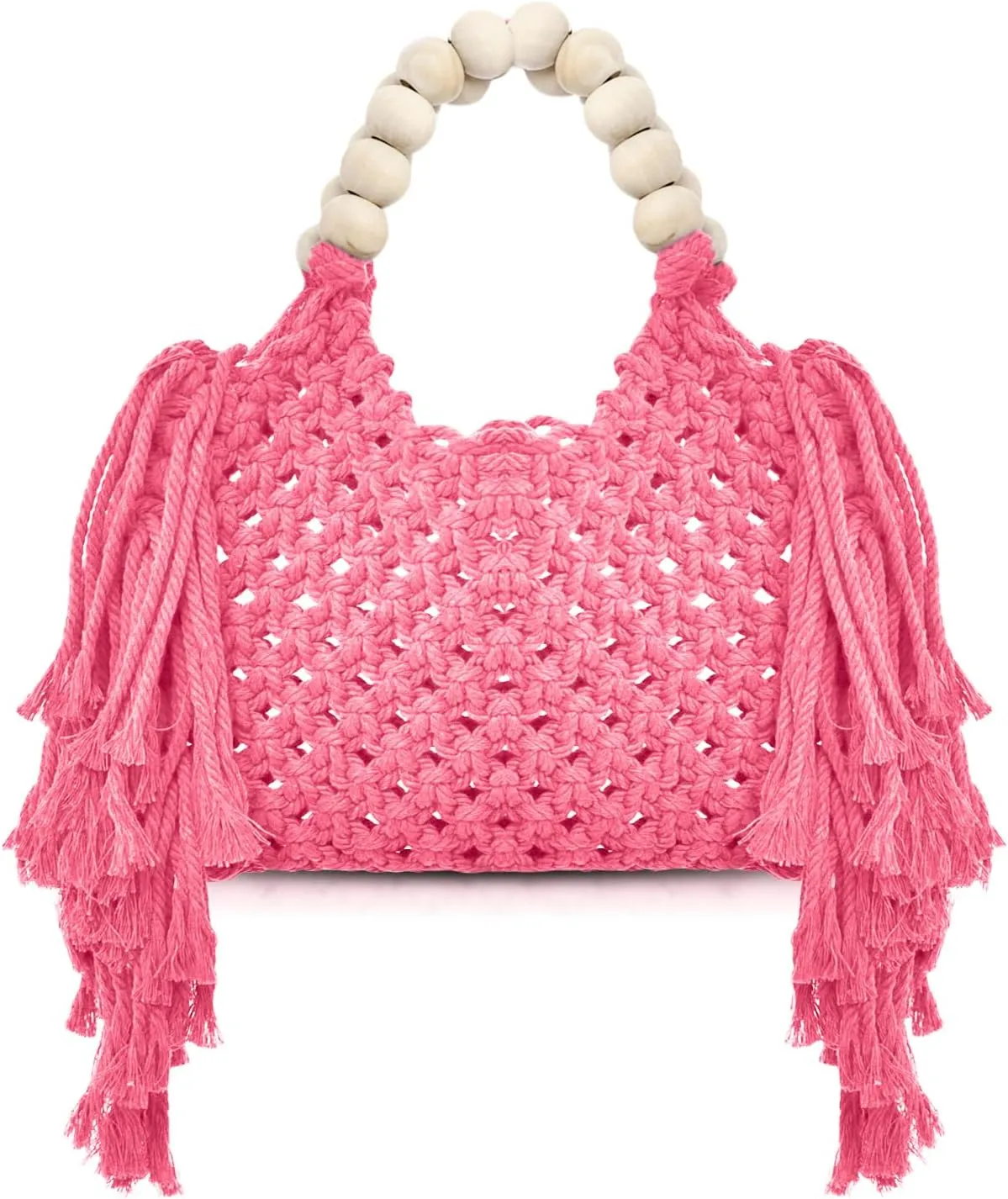 Handbags for Women, Hand-woven Knitted Cotton Handbags, Tassel Woven Bag, Wooden Bead Handle, Shoulder Bag for Beach Vacation(Pink)