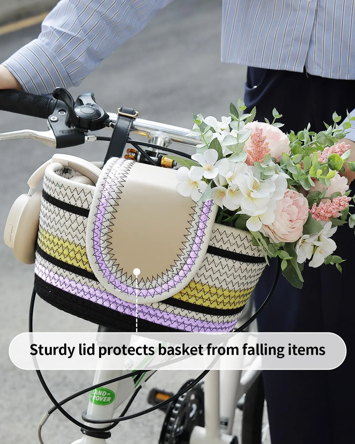 Handmade Bike Basket Front, Woven Bicycle Baskets for Adult Bikes, Rustic Detachable Handlebar Basket with Lid, Adjustable Leather Straps