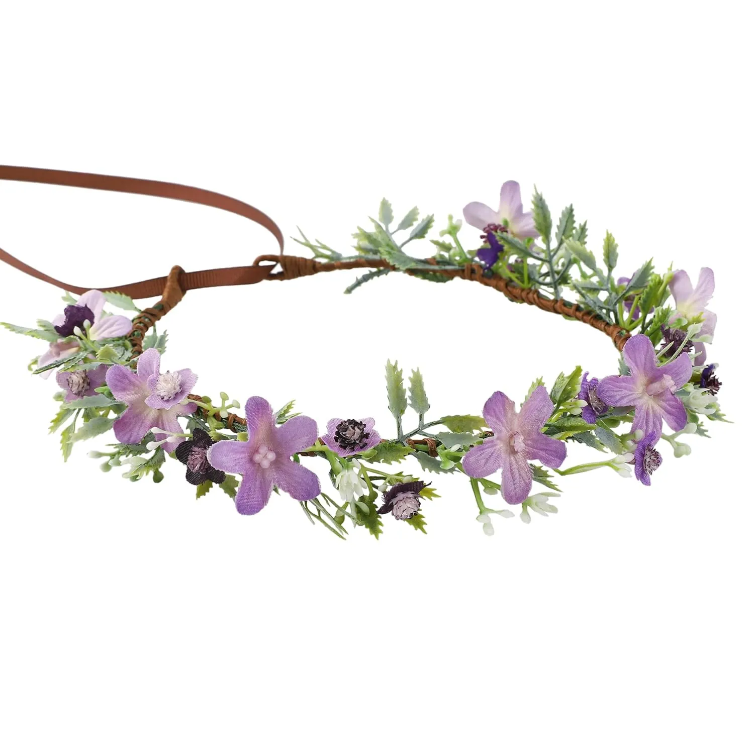 Handmade Purple Flower Crown Floral Headband for Bridal Weeding Elf Wreath Women Girls Headdress Fairy Green Leaf Headpiece Cosplay Photo Prop