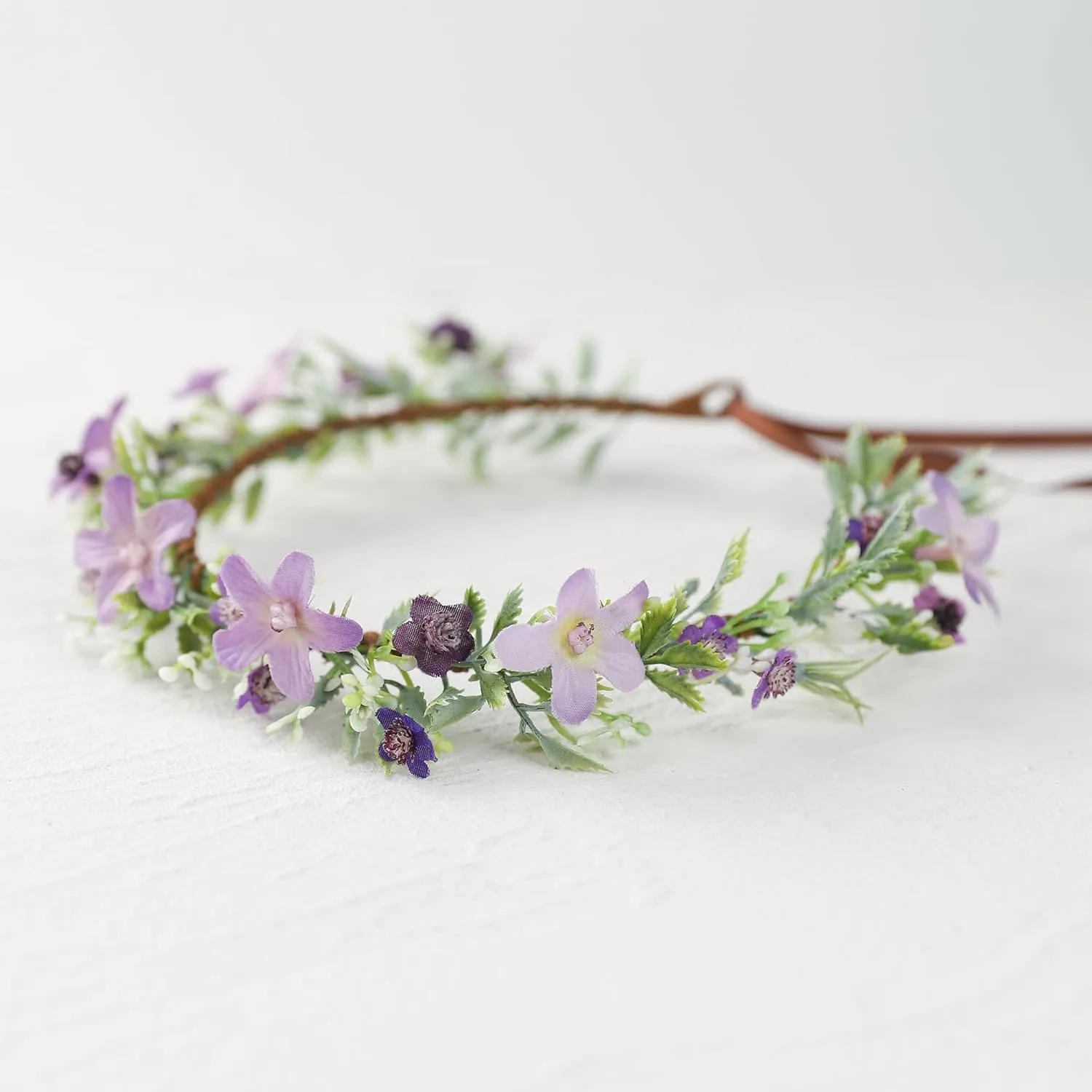 Handmade Purple Flower Crown Floral Headband for Bridal Weeding Elf Wreath Women Girls Headdress Fairy Green Leaf Headpiece Cosplay Photo Prop