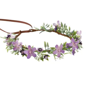 Handmade Purple Flower Crown Floral Headband for Bridal Weeding Elf Wreath Women Girls Headdress Fairy Green Leaf Headpiece Cosplay Photo Prop