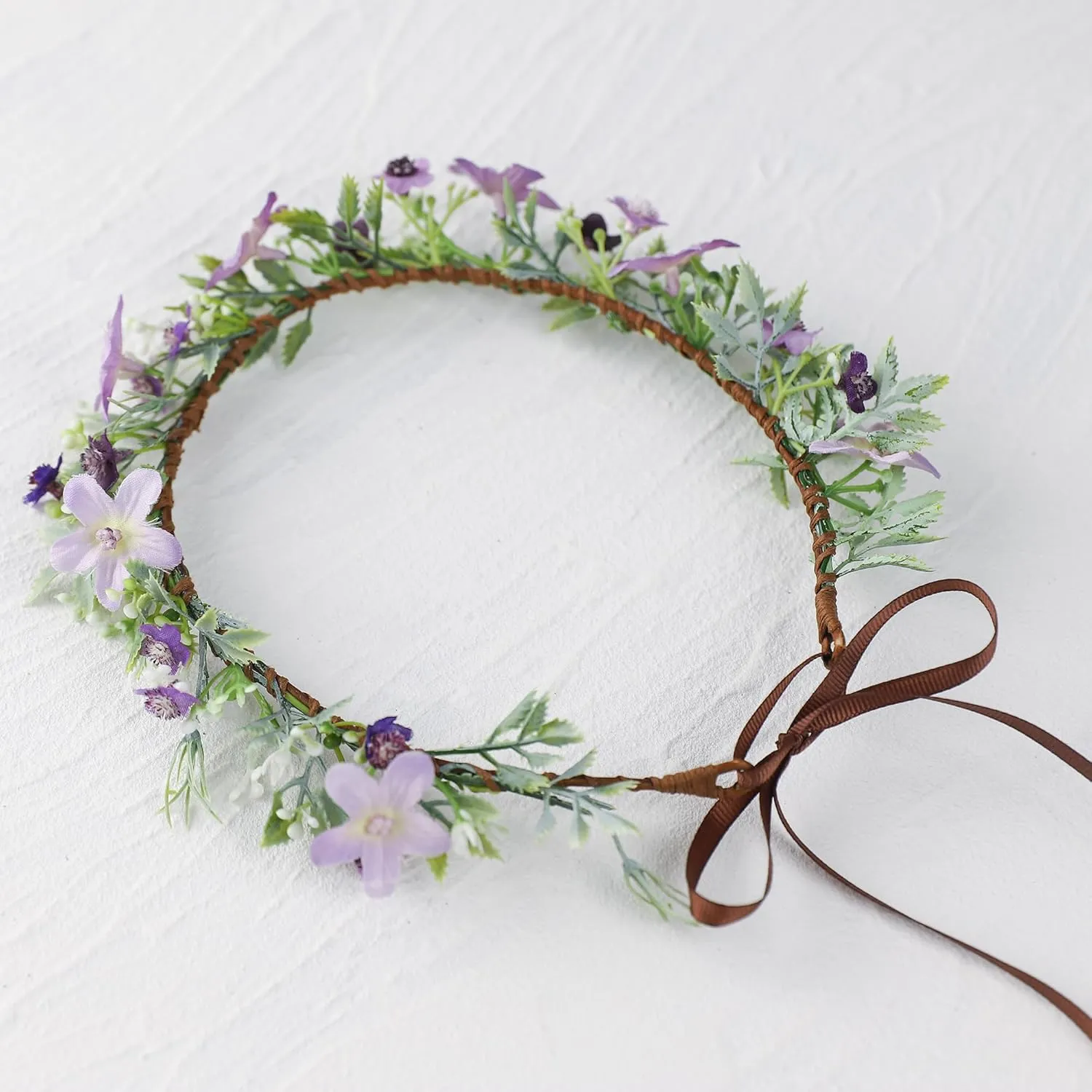 Handmade Purple Flower Crown Floral Headband for Bridal Weeding Elf Wreath Women Girls Headdress Fairy Green Leaf Headpiece Cosplay Photo Prop