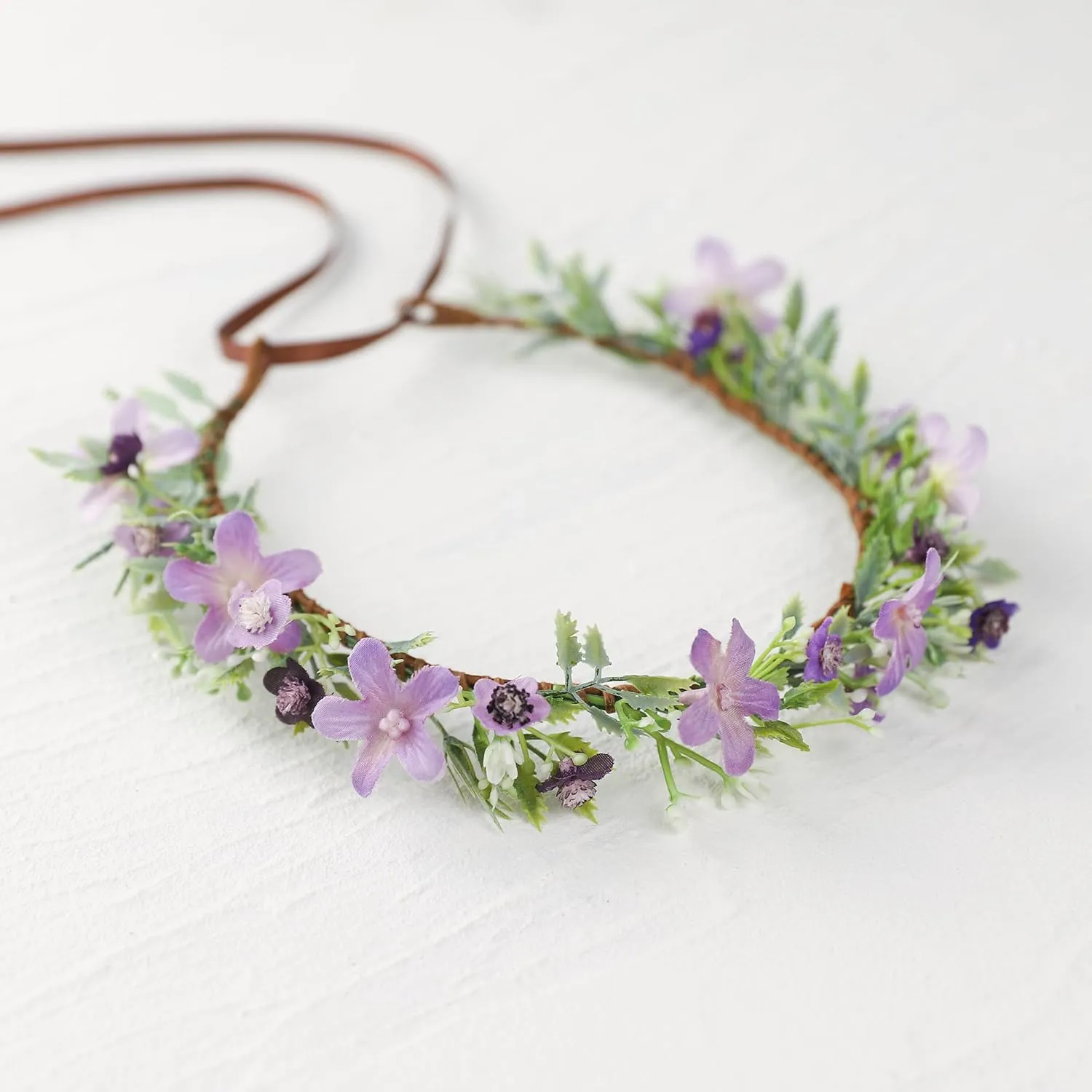 Handmade Purple Flower Crown Floral Headband for Bridal Weeding Elf Wreath Women Girls Headdress Fairy Green Leaf Headpiece Cosplay Photo Prop