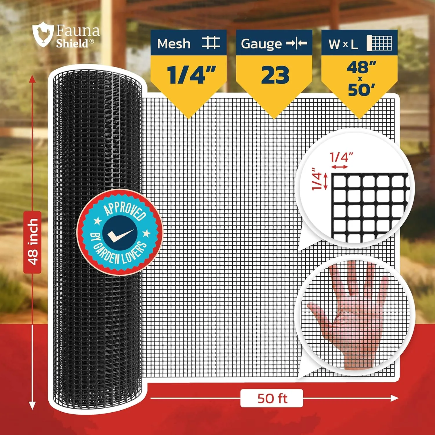 Hardware Cloth 1/4 inch 48" x 50 ft Mesh - 23 Gauges Black Vinyl Welded Wire Fencing - Chicken Wire Mesh Roll - Rodent & Snake PVC Coated Wire Fence Rolls - Gopher & Rabbit Wire by Fauna Shield
