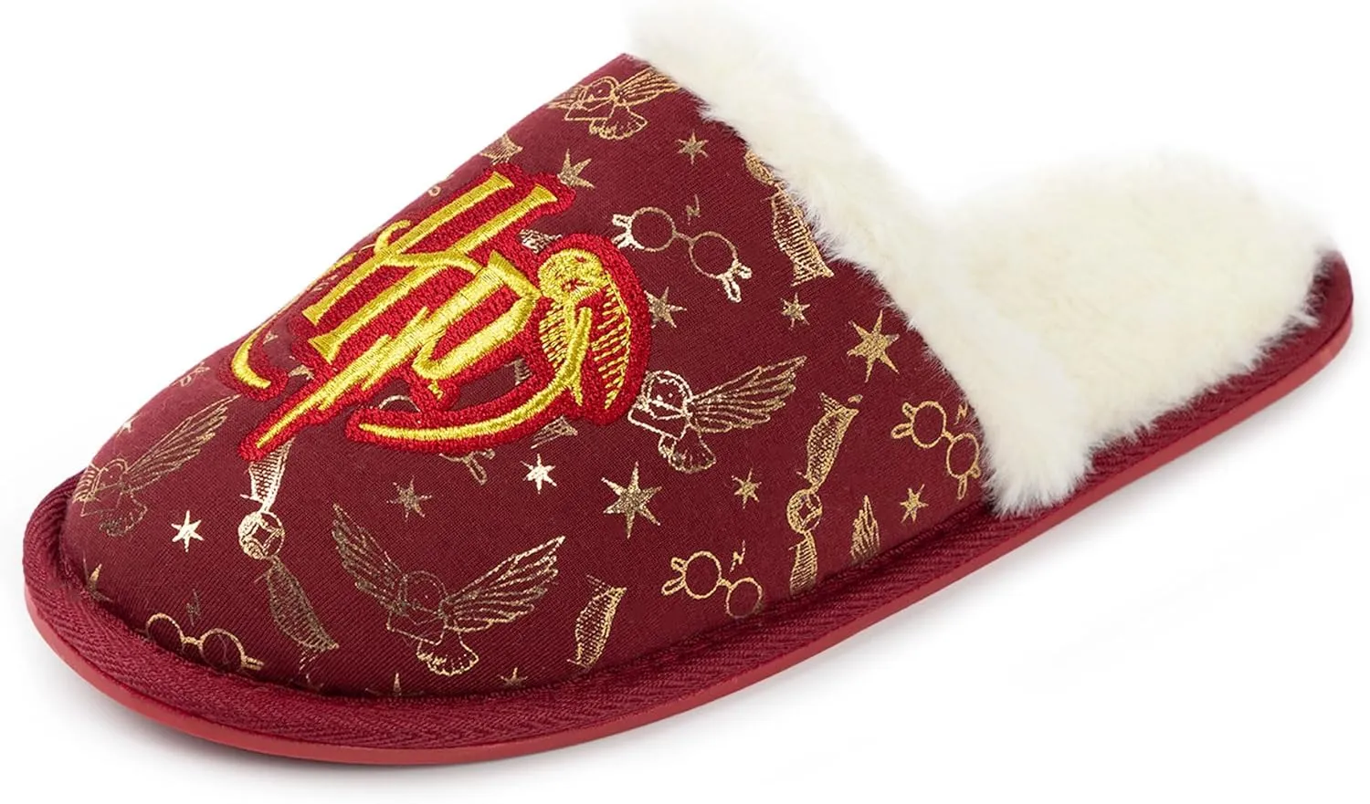 Harry Potter Women's Red Gold Slippers | Fluffy Hedwig Glasses Stars Slip On Loafers | Comfortable House Shoes