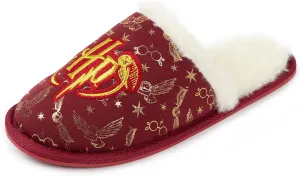 Harry Potter Women's Red Gold Slippers | Fluffy Hedwig Glasses Stars Slip On Loafers | Comfortable House Shoes