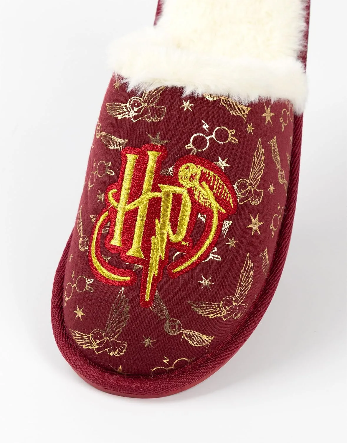 Harry Potter Women's Red Gold Slippers | Fluffy Hedwig Glasses Stars Slip On Loafers | Comfortable House Shoes