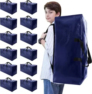 Heavy Duty Moving Bags with Backpack Straps and Strong Handles, Alternative to Moving Boxes and Storage Totes for Dorm Room Essentials, 12 Pack, Blue