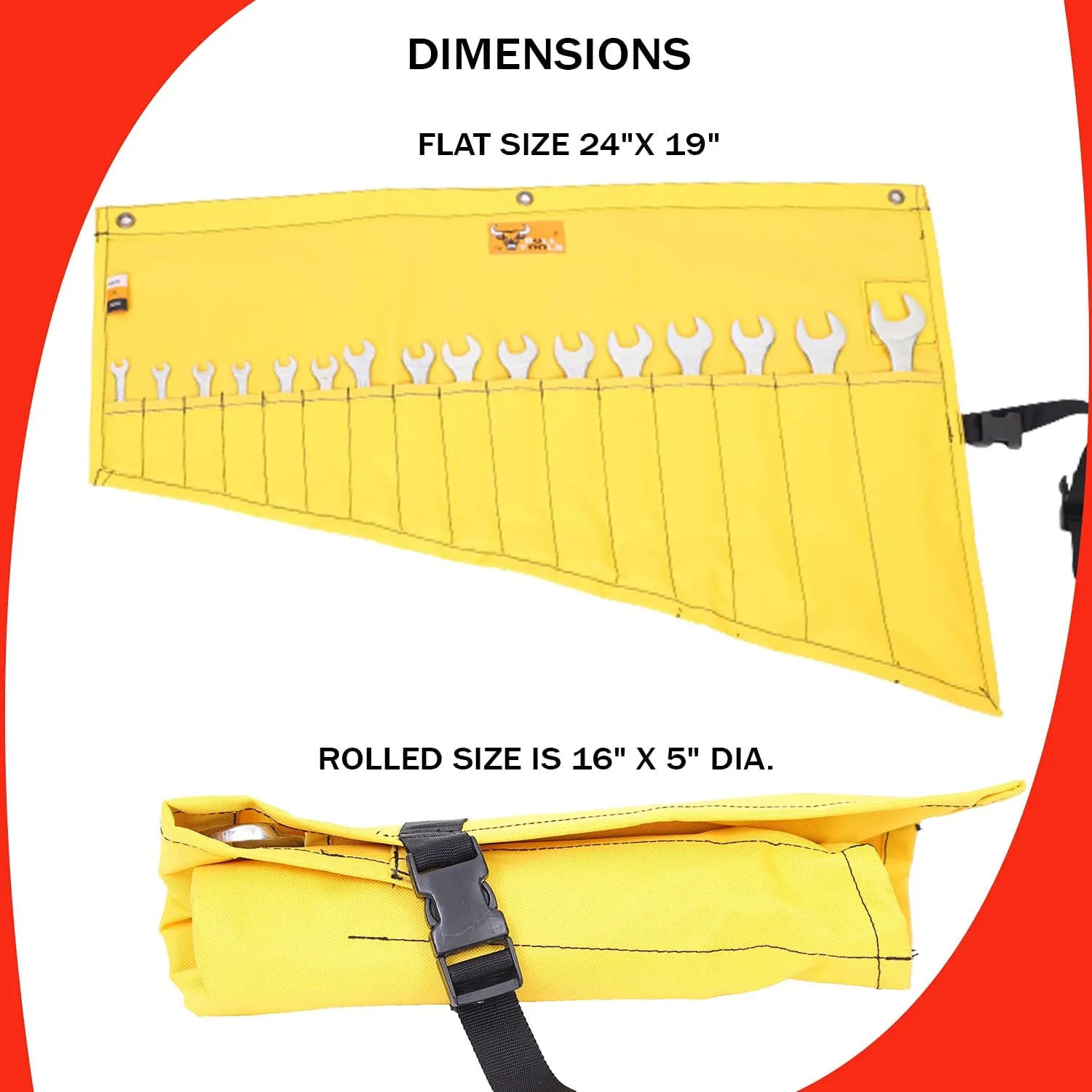 Heavy-Duty Wrench Organizer Roll-Up Bag – 16 Pocket SAE & Metric Wrench Pouch – Waterproof Oxford Canvas Tool Organizer for Mechanics, Plumbers, & DIY Projects – Yellow (Tools Not Included)