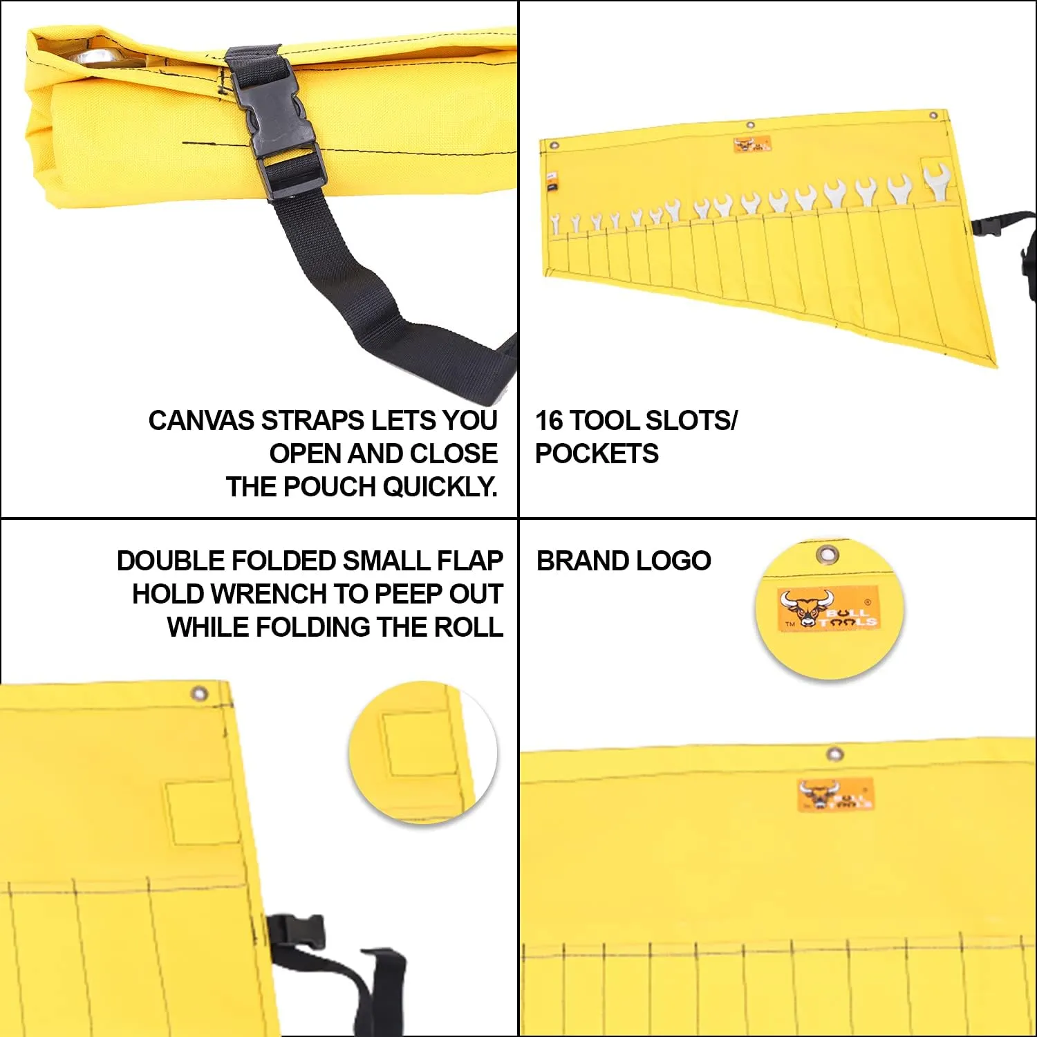 Heavy-Duty Wrench Organizer Roll-Up Bag – 16 Pocket SAE & Metric Wrench Pouch – Waterproof Oxford Canvas Tool Organizer for Mechanics, Plumbers, & DIY Projects – Yellow (Tools Not Included)