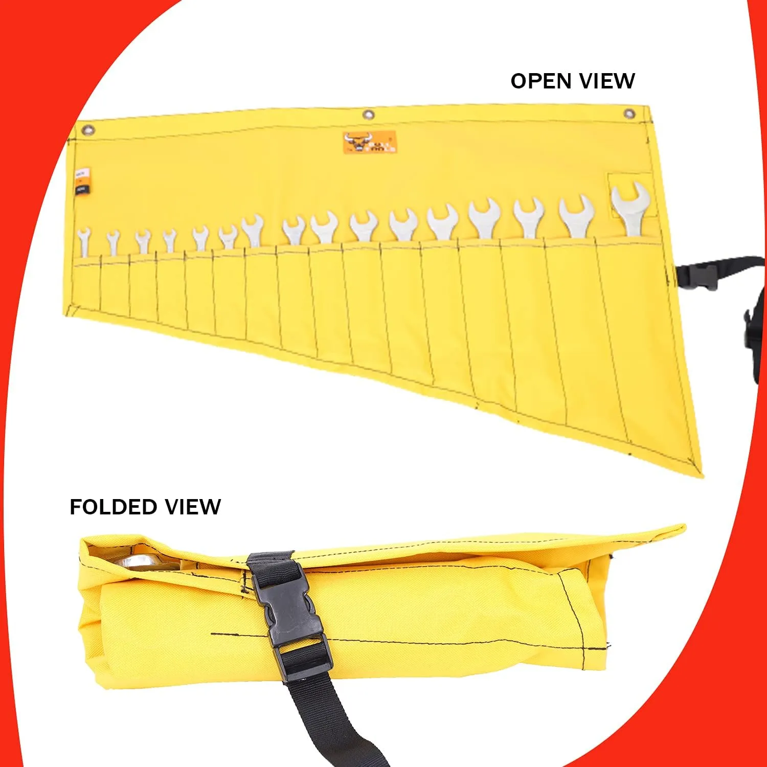 Heavy-Duty Wrench Organizer Roll-Up Bag – 16 Pocket SAE & Metric Wrench Pouch – Waterproof Oxford Canvas Tool Organizer for Mechanics, Plumbers, & DIY Projects – Yellow (Tools Not Included)