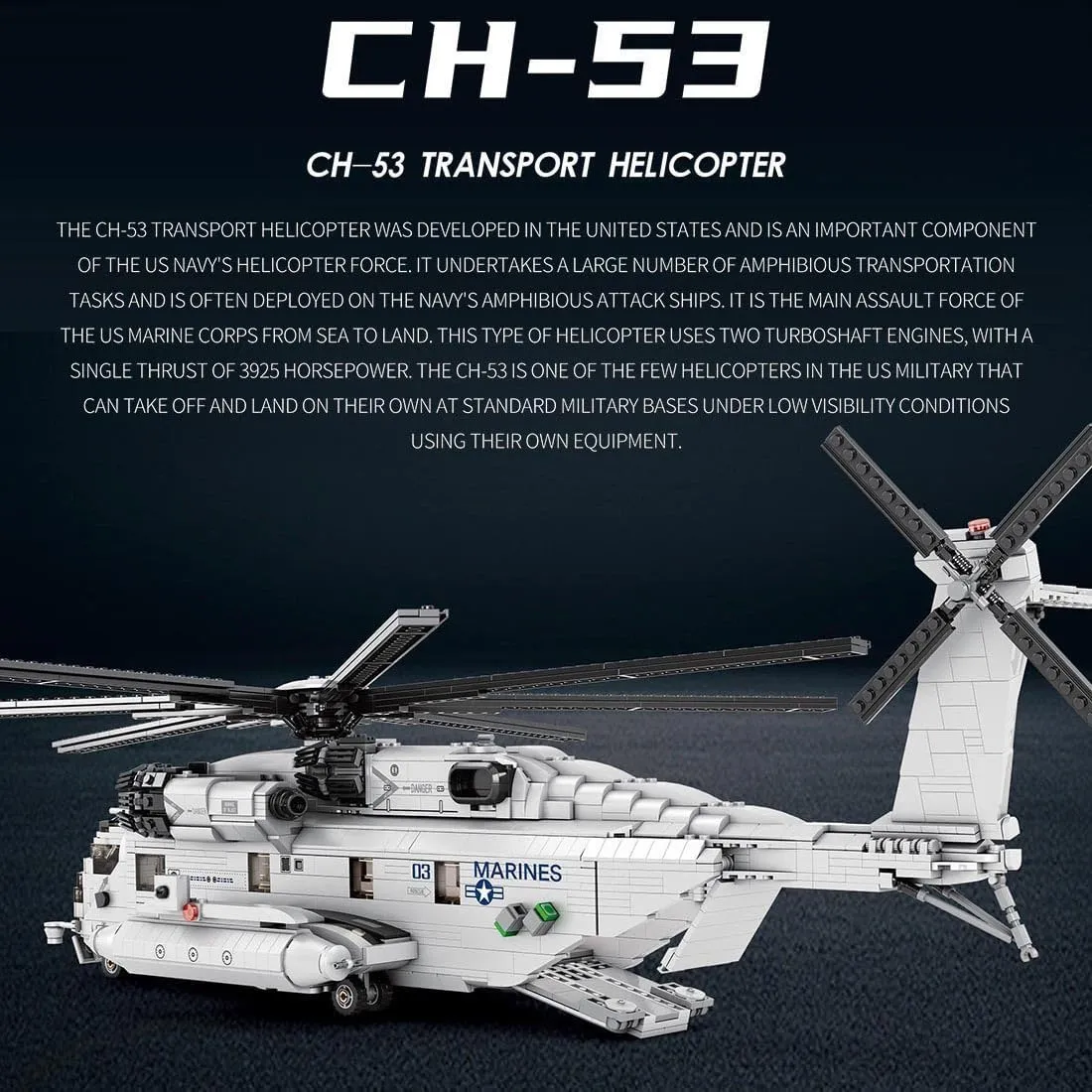 Helicopter Building Blocks Set, MOC Military Aircraft Model Stacking Construction, CH-53E Super Stallion 1/35 Scale Modern Military-Themed Small Particles Building Set