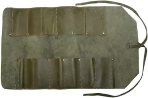 Hide & Drink, Big Tool Roll Up Bag with 12 Slots, Workshop Storage, Woodworking Tools Organizer, Rustic Case, Full Grain Leather, Handmade, Dark Jade