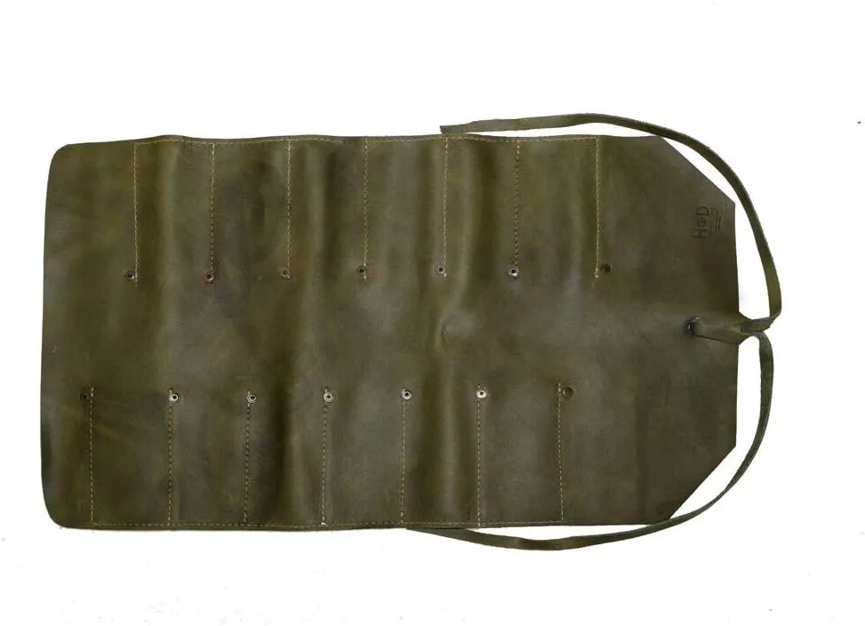 Hide & Drink, Big Tool Roll Up Bag with 12 Slots, Workshop Storage, Woodworking Tools Organizer, Rustic Case, Full Grain Leather, Handmade, Dark Jade