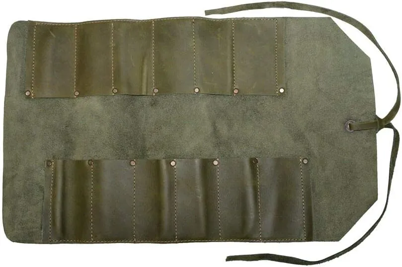 Hide & Drink, Big Tool Roll Up Bag with 12 Slots, Workshop Storage, Woodworking Tools Organizer, Rustic Case, Full Grain Leather, Handmade, Dark Jade