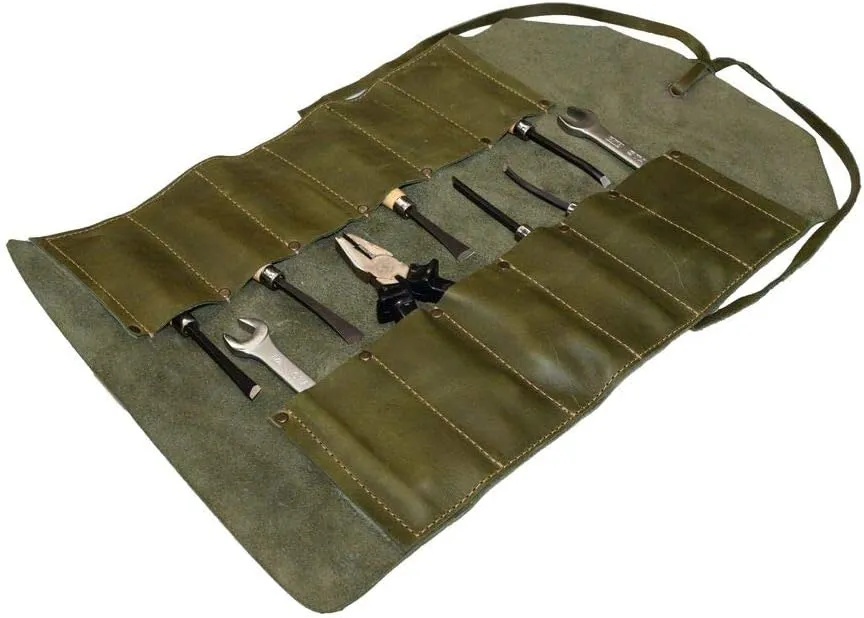 Hide & Drink, Big Tool Roll Up Bag with 12 Slots, Workshop Storage, Woodworking Tools Organizer, Rustic Case, Full Grain Leather, Handmade, Dark Jade