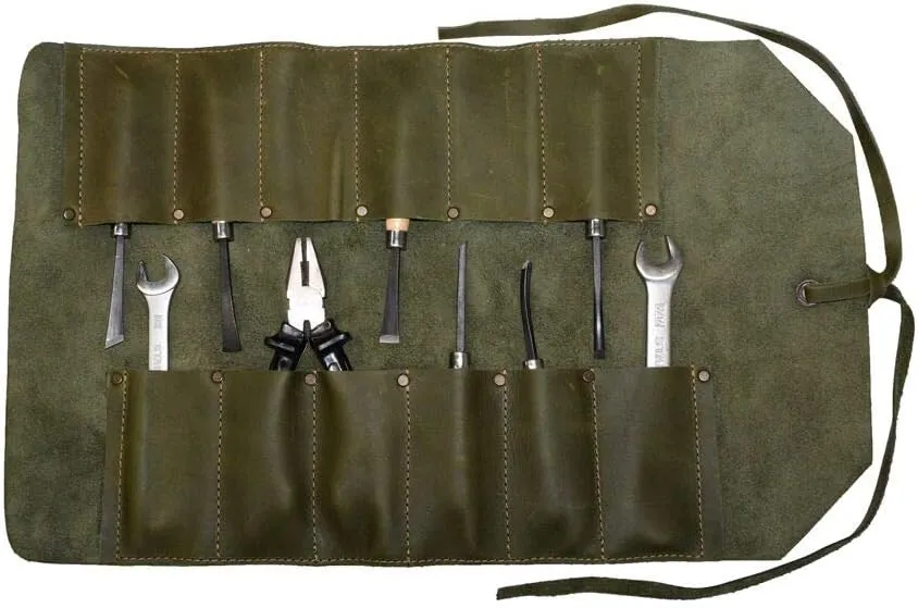 Hide & Drink, Big Tool Roll Up Bag with 12 Slots, Workshop Storage, Woodworking Tools Organizer, Rustic Case, Full Grain Leather, Handmade, Dark Jade