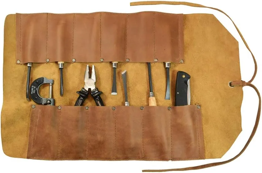 Hide & Drink, Big Tool Roll Up Bag with 12 Slots, Workshop Storage, Woodworking Tools Organizer, Rustic Case, Full Grain Leather, Handmade, Single Malt Mahogany