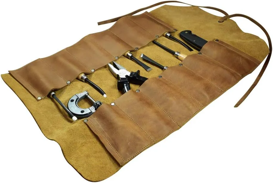 Hide & Drink, Big Tool Roll Up Bag with 12 Slots, Workshop Storage, Woodworking Tools Organizer, Rustic Case, Full Grain Leather, Handmade, Single Malt Mahogany
