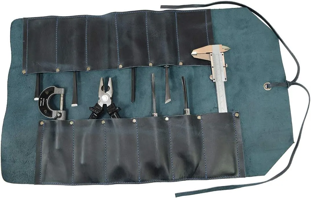 Hide & Drink, Big Tool Roll Up Bag with 12 Slots, Workshop Storage, Woodworking Tools Organizer, Rustic Case, Full Grain Leather, Handmade, Slate Blue