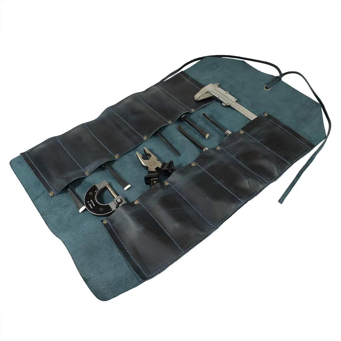 Hide & Drink, Big Tool Roll Up Bag with 12 Slots, Workshop Storage, Woodworking Tools Organizer, Rustic Case, Full Grain Leather, Handmade, Slate Blue