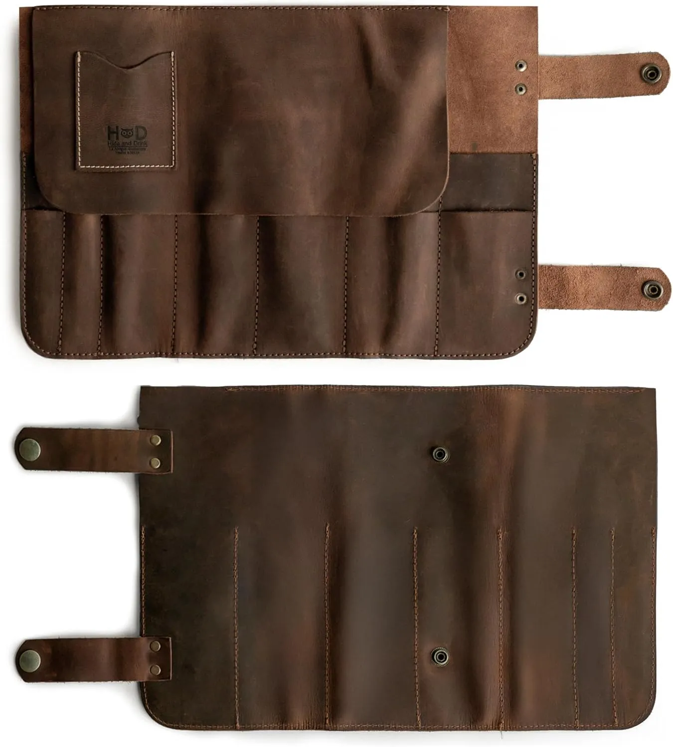 Hide & Drink, Snap Tool Roll Up Bag with 14 Slots, Portable Carry Case for Barbers, Salon Storage Organizer Pouch, Full Grain Leather, Handmade