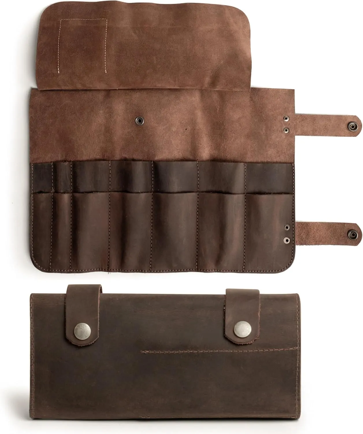 Hide & Drink, Snap Tool Roll Up Bag with 14 Slots, Portable Carry Case for Barbers, Salon Storage Organizer Pouch, Full Grain Leather, Handmade