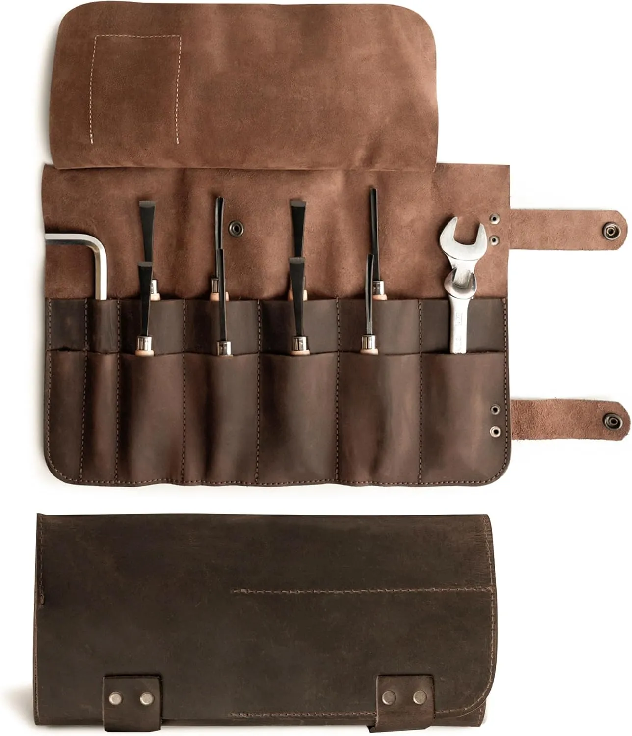 Hide & Drink, Snap Tool Roll Up Bag with 14 Slots, Portable Carry Case for Barbers, Salon Storage Organizer Pouch, Full Grain Leather, Handmade