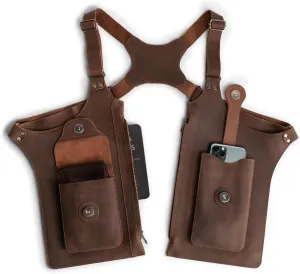 Hide & Play, Adjustable Harness with Zippered-Bags, Vintage Shoulder Holster, Cosplay, Steampunk Style, Costume Parties, Full Grain Leather, Handmade, Bourbon Brown