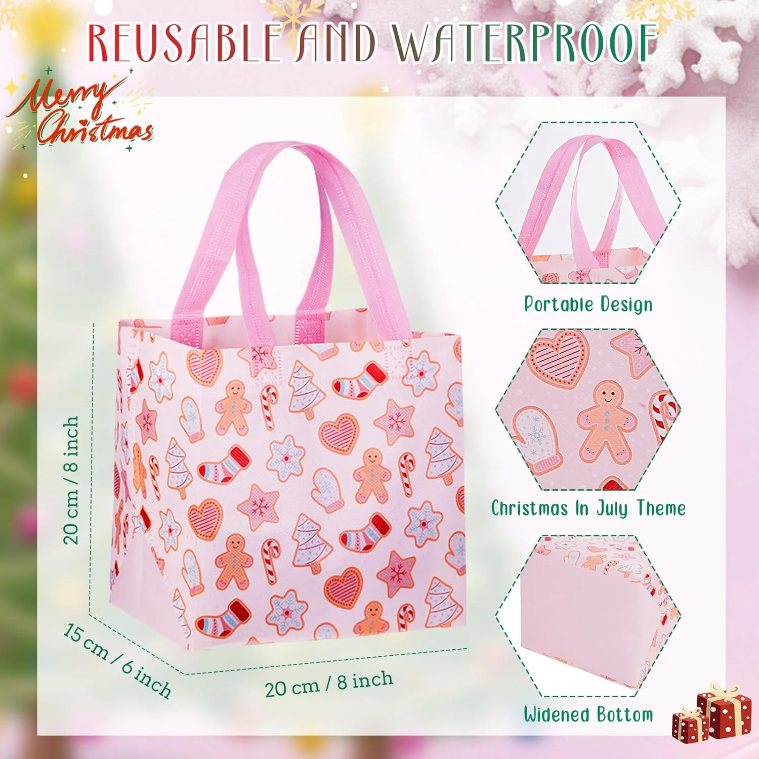 Hillban 60 Pcs 8 x 8 x 6 Inch Christmas Gift Bags Reusable Non Woven Totes with Handles Xmas Goodie Treat Bags Christmas Candy Gift Wrapping Tote for Party Favor