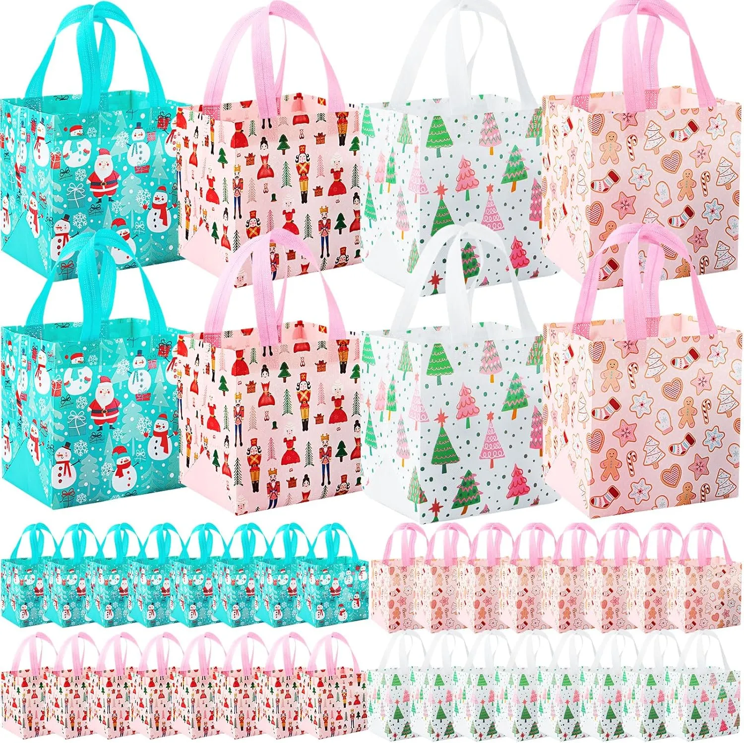 Hillban 60 Pcs 8 x 8 x 6 Inch Christmas Gift Bags Reusable Non Woven Totes with Handles Xmas Goodie Treat Bags Christmas Candy Gift Wrapping Tote for Party Favor
