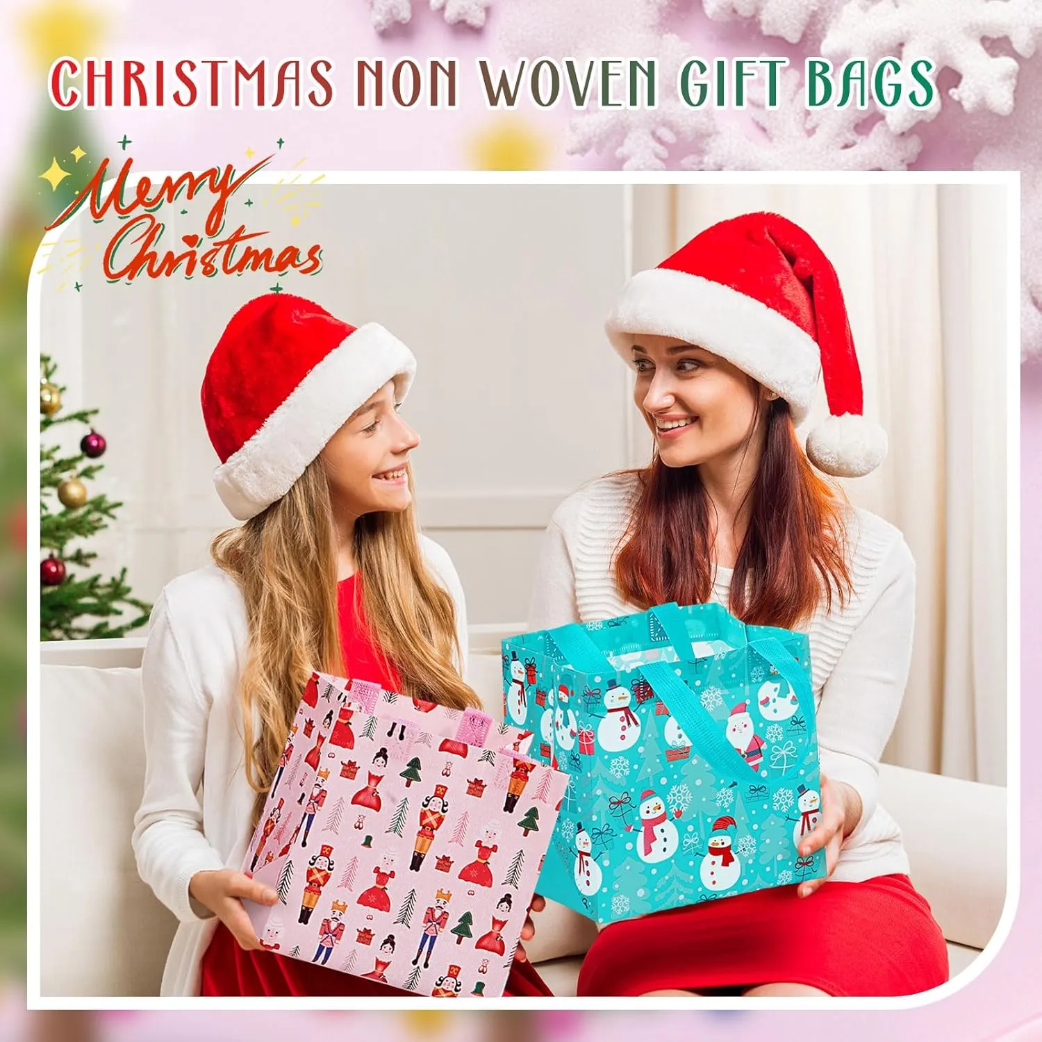 Hillban 60 Pcs 8 x 8 x 6 Inch Christmas Gift Bags Reusable Non Woven Totes with Handles Xmas Goodie Treat Bags Christmas Candy Gift Wrapping Tote for Party Favor