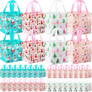 Hillban 60 Pcs 8 x 8 x 6 Inch Christmas Gift Bags Reusable Non Woven Totes with Handles Xmas Goodie Treat Bags Christmas Candy Gift Wrapping Tote for Party Favor