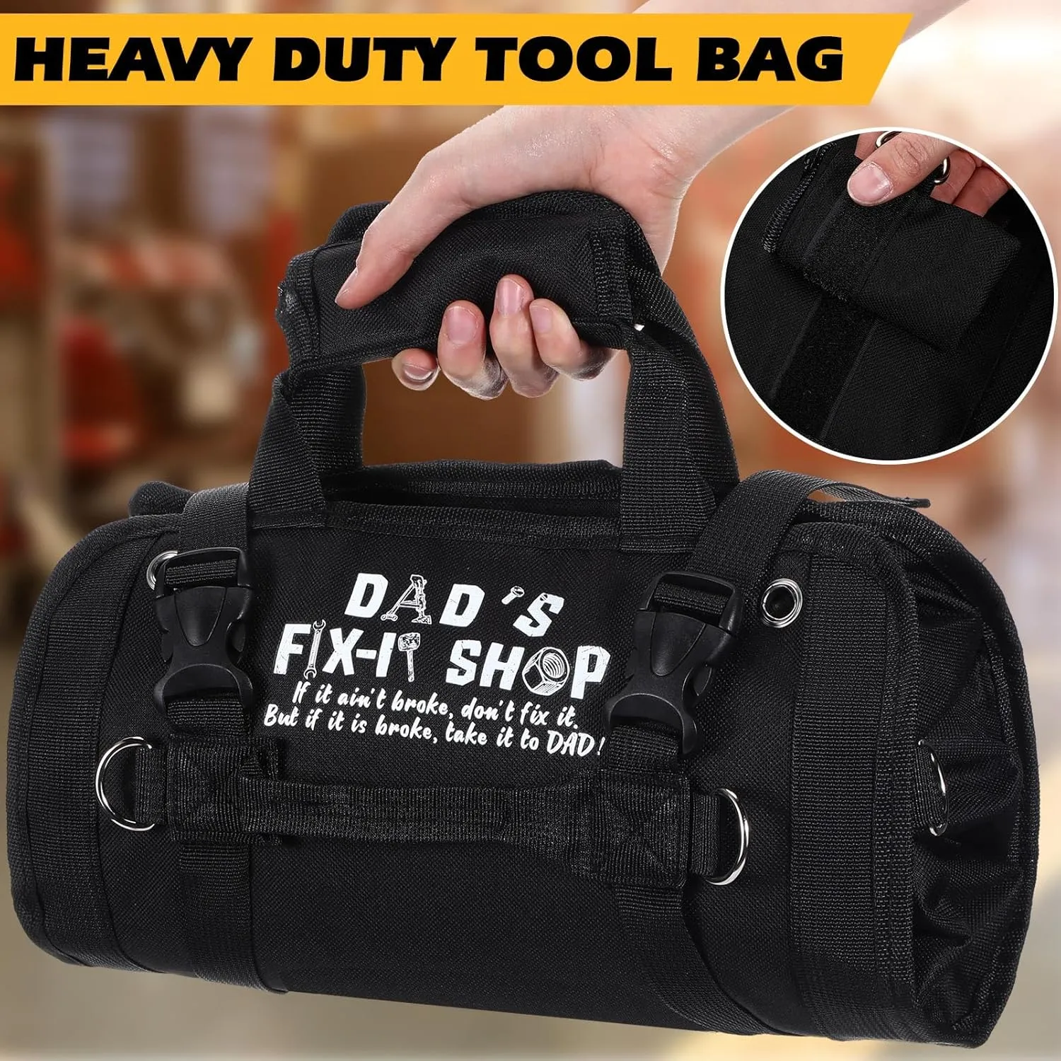 Hillban Roll up Tool Bag and Kraft Paper Box Set for Men Heavy Duty Portable Tool Bag with Shoulder Strap and 2 Detachable Pockets Survival Kit for Father's Day Dad Gifts(Black)