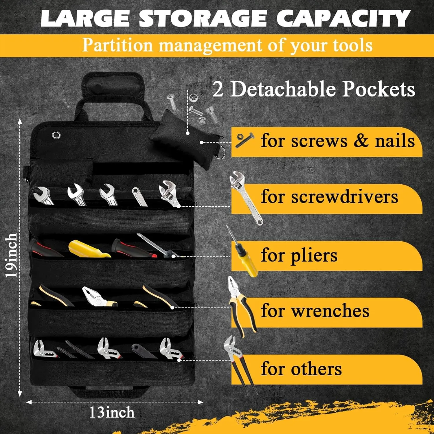 Hillban Roll up Tool Bag and Kraft Paper Box Set for Men Heavy Duty Portable Tool Bag with Shoulder Strap and 2 Detachable Pockets Survival Kit for Father's Day Dad Gifts(Black)
