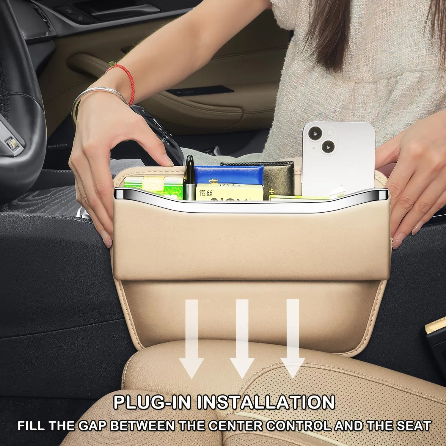 HOLDCY Car Seat Gap Filler Organizer - Leather Console Side Pocket Seat Storage - Stylish and Practical Car Accessories for Cars,SUV,Truck (Beige - 1 Pack)