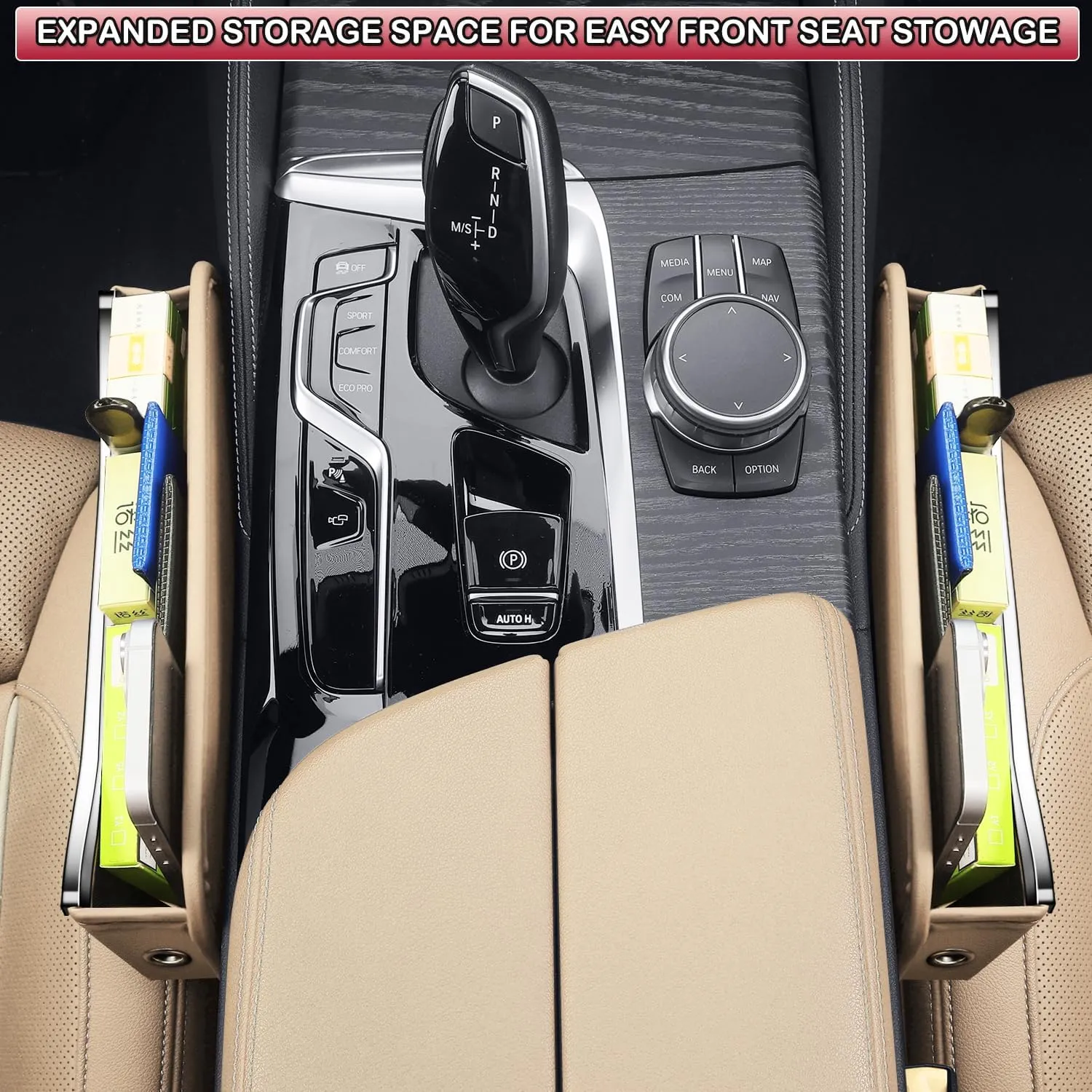 HOLDCY Car Seat Gap Filler Organizer - Leather Console Side Pocket Seat Storage - Stylish and Practical Car Accessories for Cars,SUV,Truck (Beige - 1 Pack)