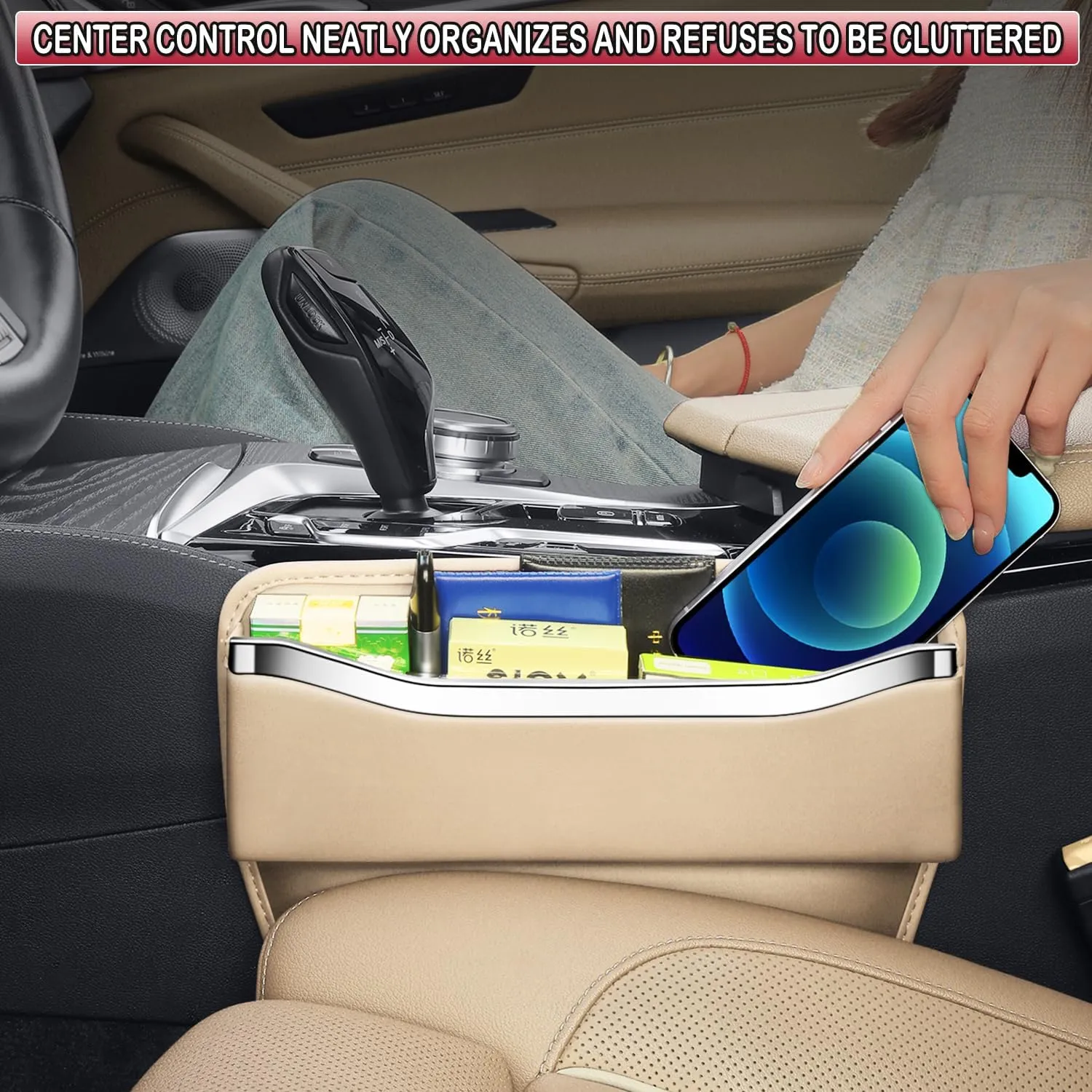 HOLDCY Car Seat Gap Filler Organizer - Leather Console Side Pocket Seat Storage - Stylish and Practical Car Accessories for Cars,SUV,Truck (Beige - 1 Pack)