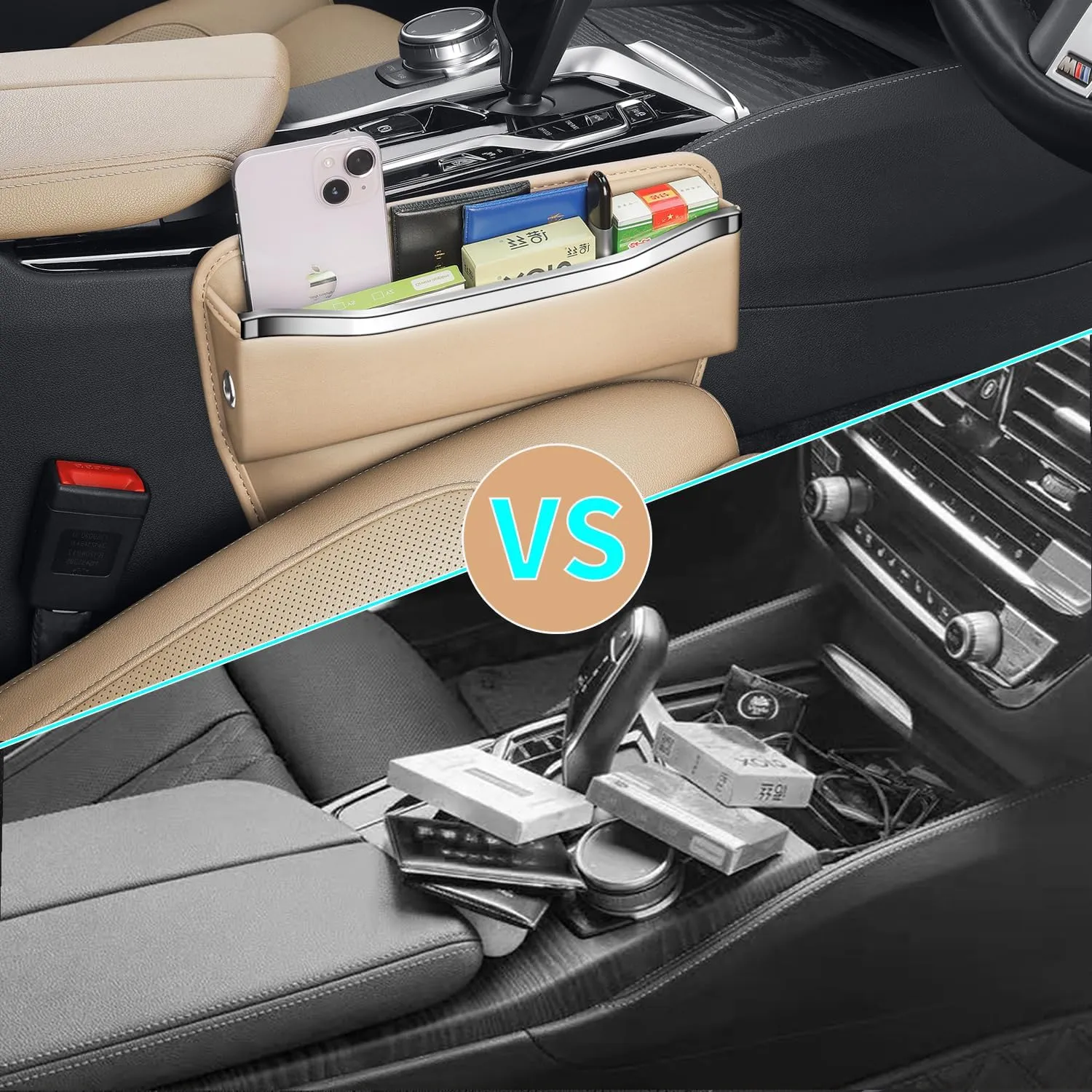 HOLDCY Car Seat Gap Filler Organizer - Leather Console Side Pocket Seat Storage - Stylish and Practical Car Accessories for Cars,SUV,Truck (Beige - 1 Pack)