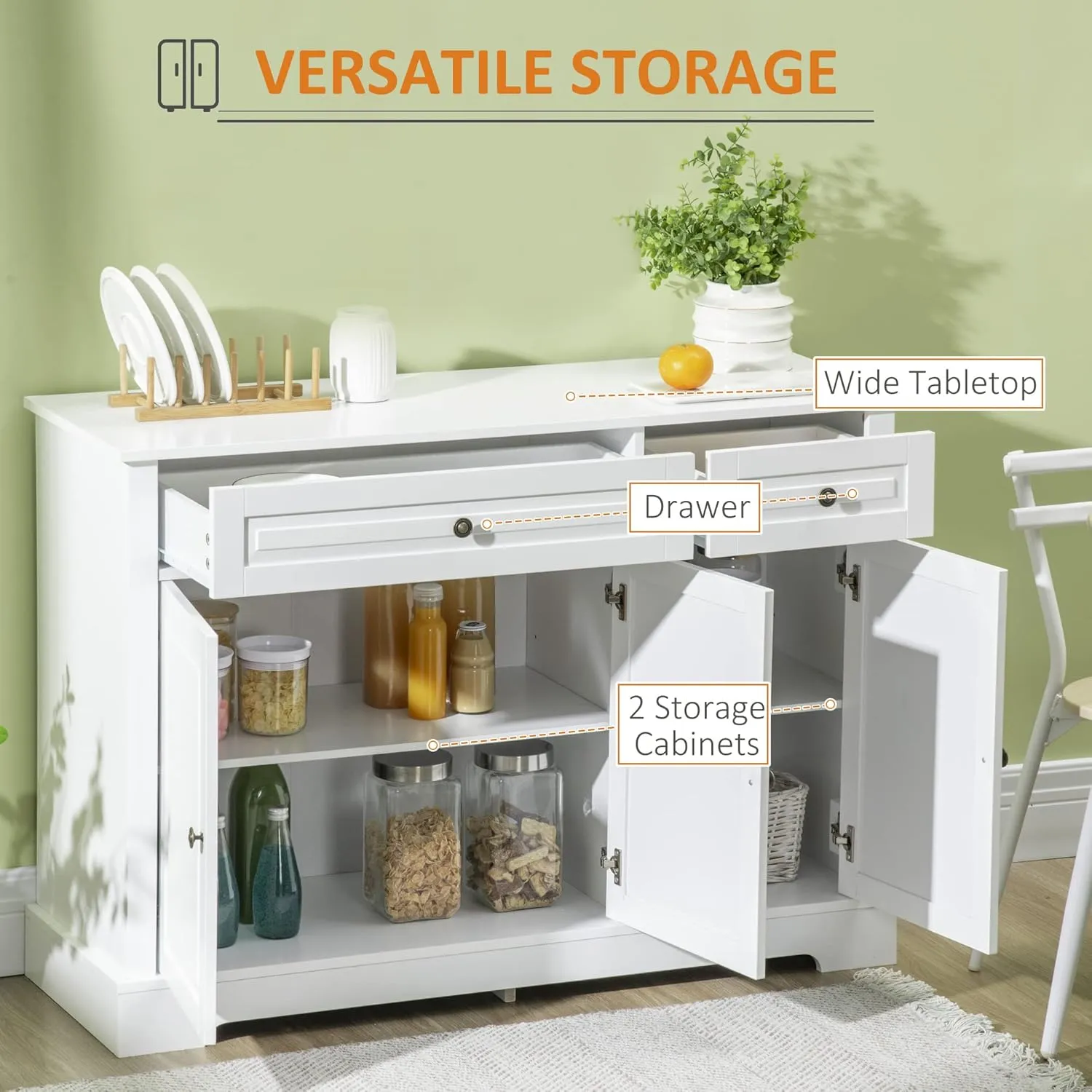 HOMCOM Sideboard Buffet Cabinet, Modern Kitchen Cabinet with 2 Drawers and Adjustable Shelves, Coffee Bar Cabinet, White