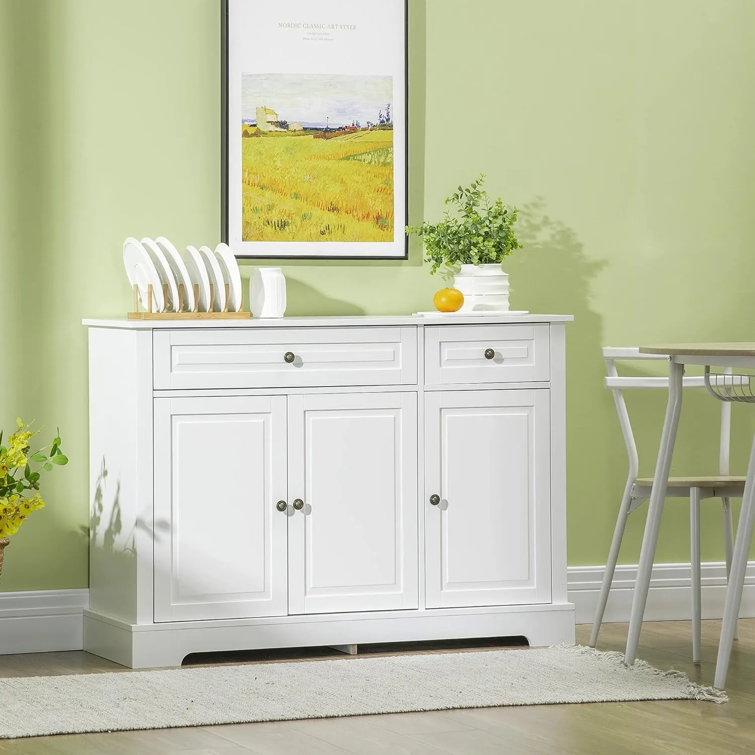 HOMCOM Sideboard Buffet Cabinet, Modern Kitchen Cabinet with 2 Drawers and Adjustable Shelves, Coffee Bar Cabinet, White