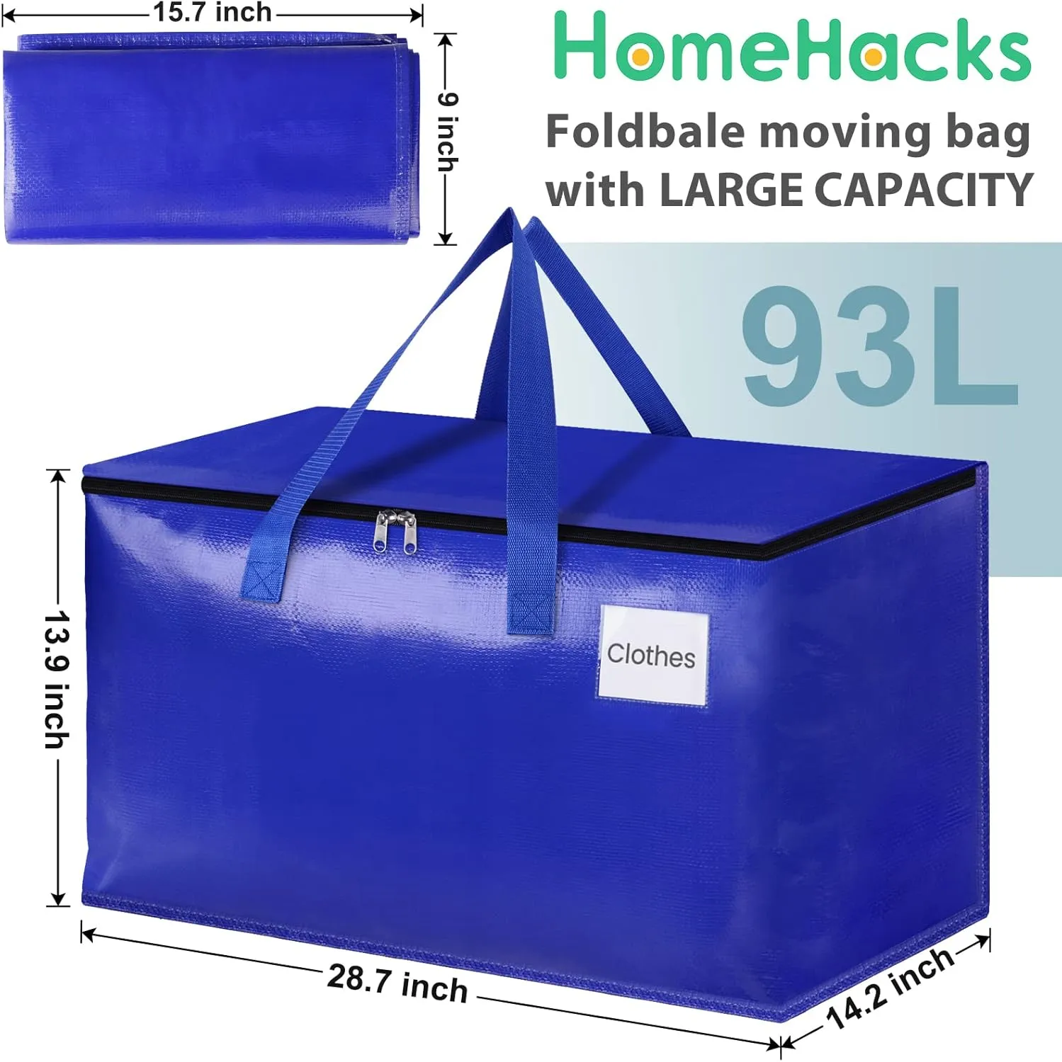 HomeHacks Moving Bags, 8-Pack Heavy Duty with Strong Zippers and Handles Collapsible Moving Supplies, Storage Totes for Packing & Moving Storing 93L-8 Pack (Blue)