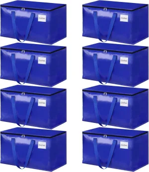 HomeHacks Moving Bags, 8-Pack Heavy Duty with Strong Zippers and Handles Collapsible Moving Supplies, Storage Totes for Packing & Moving Storing 93L-8 Pack (Blue)
