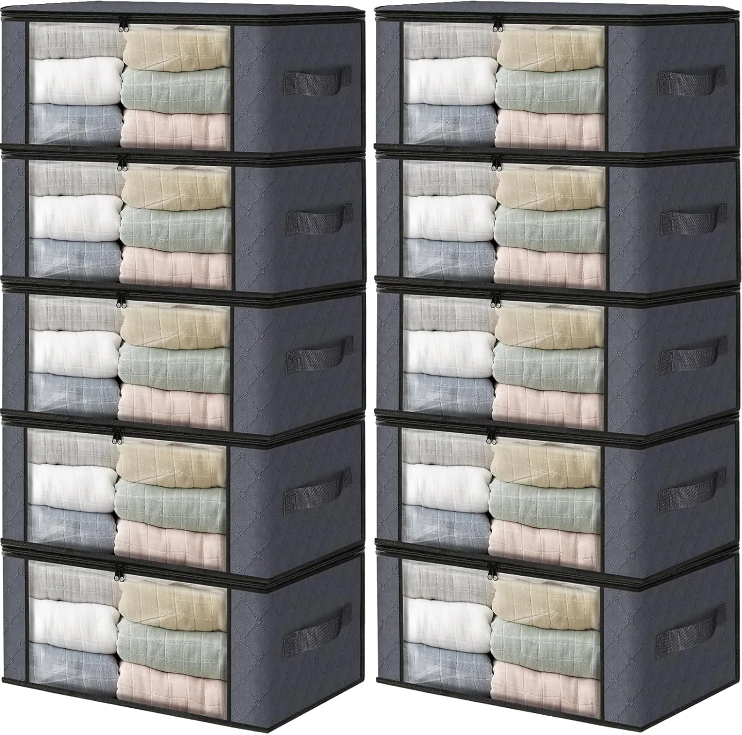 HomeHacks Storage 10-Pack Clothes Organizer Storage Bags Foldable Storage Box with Large Clear Window Sturdy Handles for Closet, Dorm, Pillows, Bedding, Clothes, Blankets, 35L, Grey