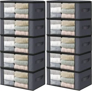 HomeHacks Storage 10-Pack Clothes Organizer Storage Bags Foldable Storage Box with Large Clear Window Sturdy Handles for Closet, Dorm, Pillows, Bedding, Clothes, Blankets, 35L, Grey