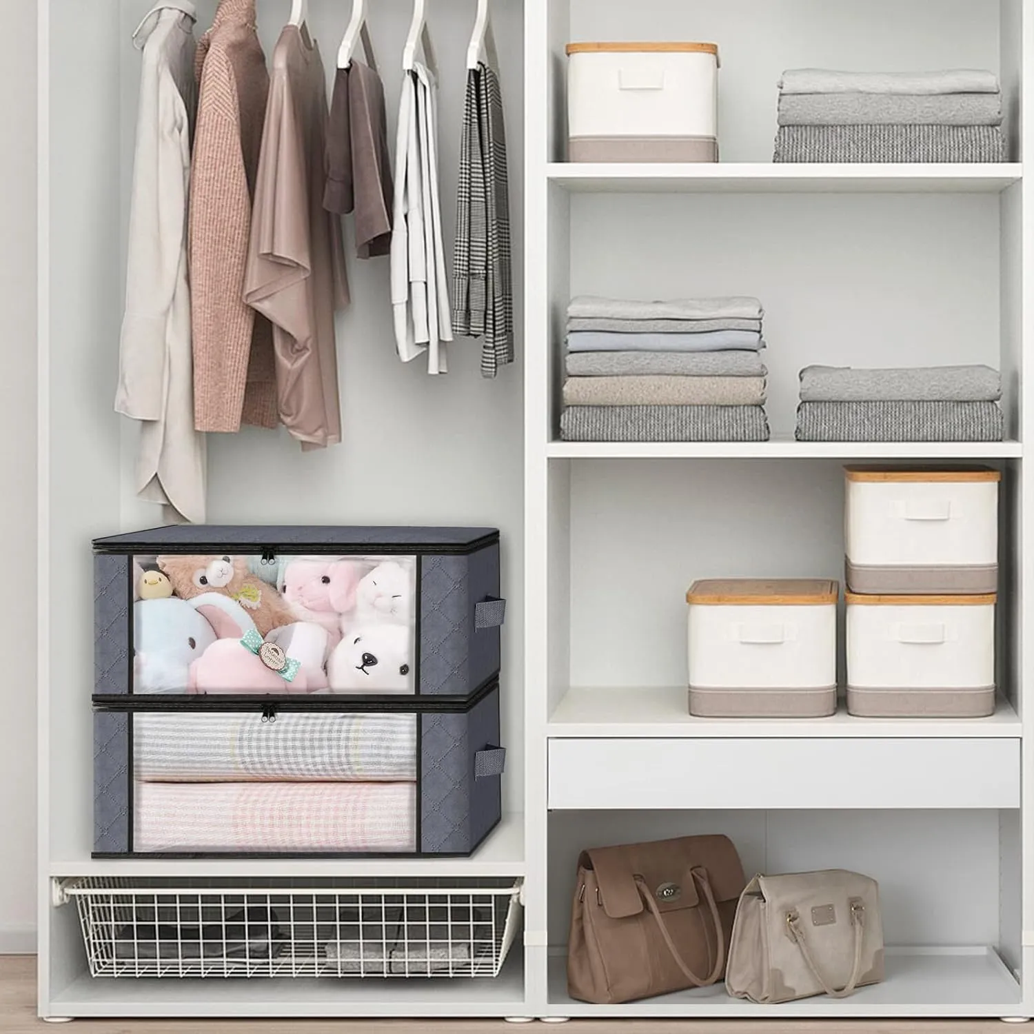 HomeHacks Storage 10-Pack Clothes Organizer Storage Bags Foldable Storage Box with Large Clear Window Sturdy Handles for Closet, Dorm, Pillows, Bedding, Clothes, Blankets, 35L, Grey